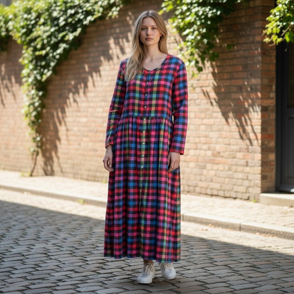 Plaid Buffalo Maxi Flannel Granny‎ Cottage Pearl Snap Electric VTG Y2K Dress 1X